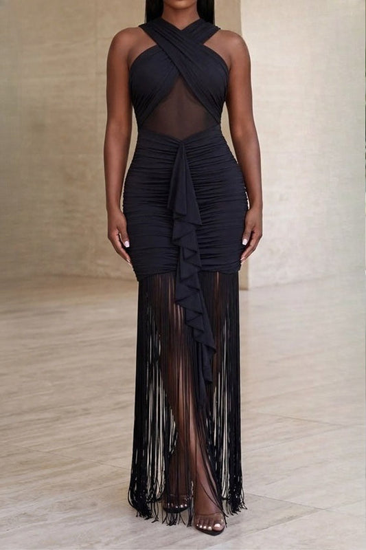 Cross-Front Mesh Illusion Ruched Fringe Maxi Dress Lavish Daily