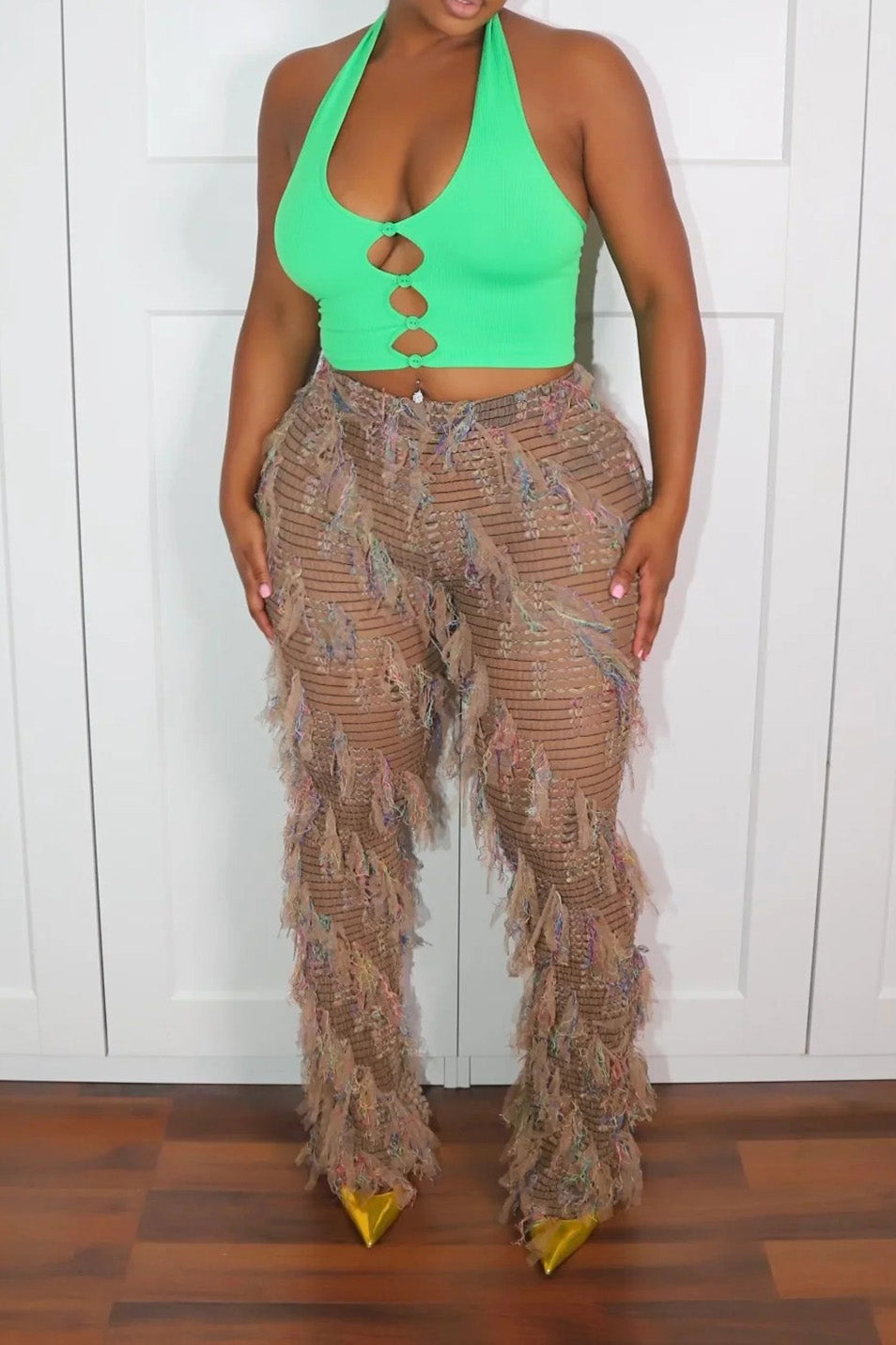 Fringe Sheer Mesh Straight Leg Pants Lavish Daily