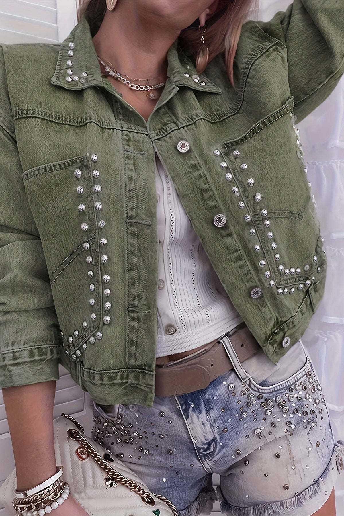 Rivet Studded Pocketed Denim Jacket Lavish Daily