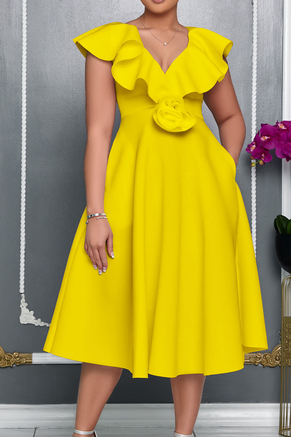 V-Neck Ruffled 3D Flower Detail Flare Midi Dress Lavish Daily