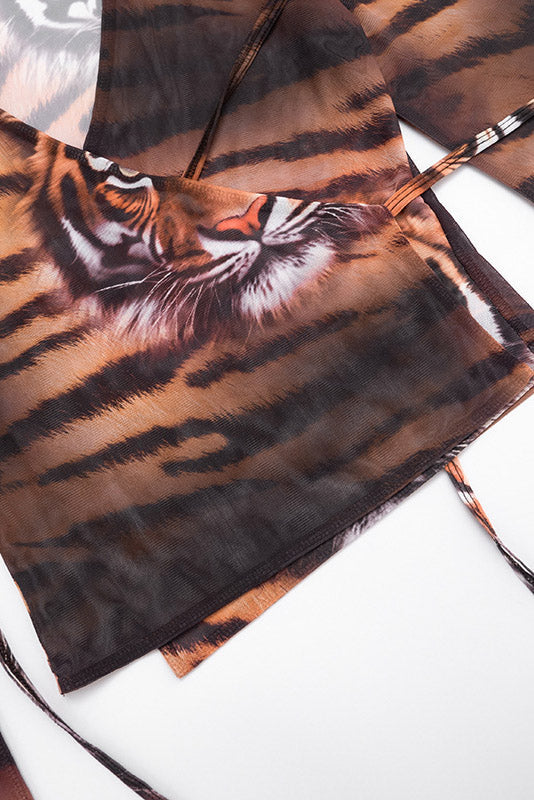 Tiger-Print Tie-Front Mesh Shirt Lavish Daily