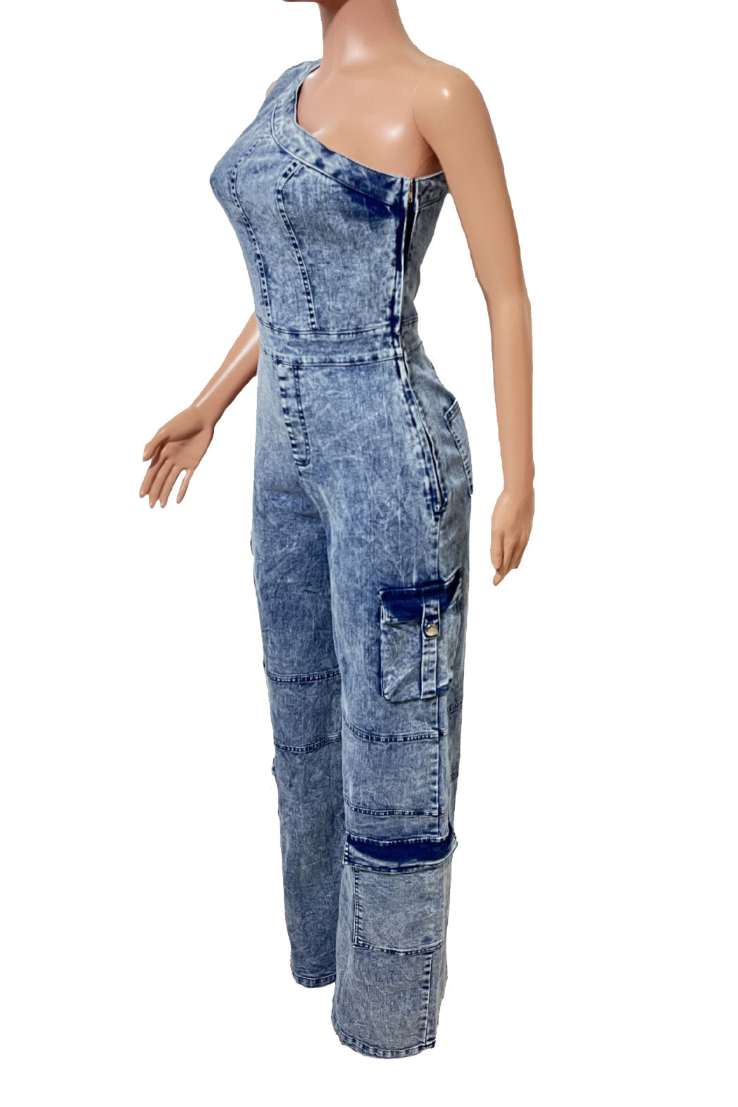 One Shoulder Stretch Denim Jumpsuit Lavish Daily