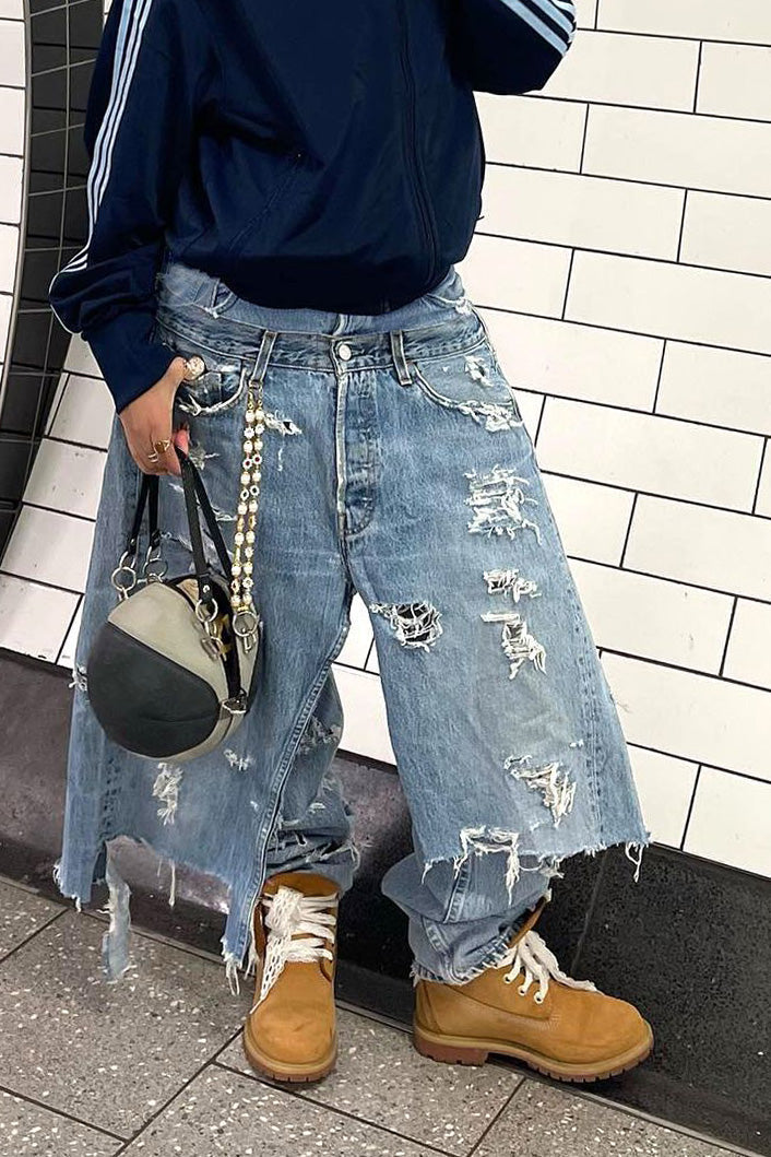 Double-Waistband Asymmetric Distressed Jeans Lavish Daily