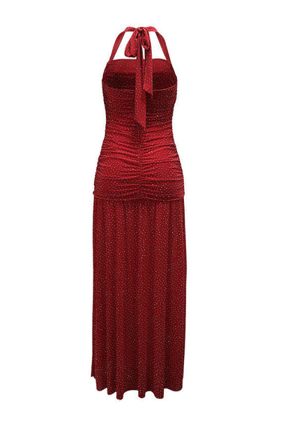 Shimmer Ruched Halter Slit Maxi Gown Lavish Daily