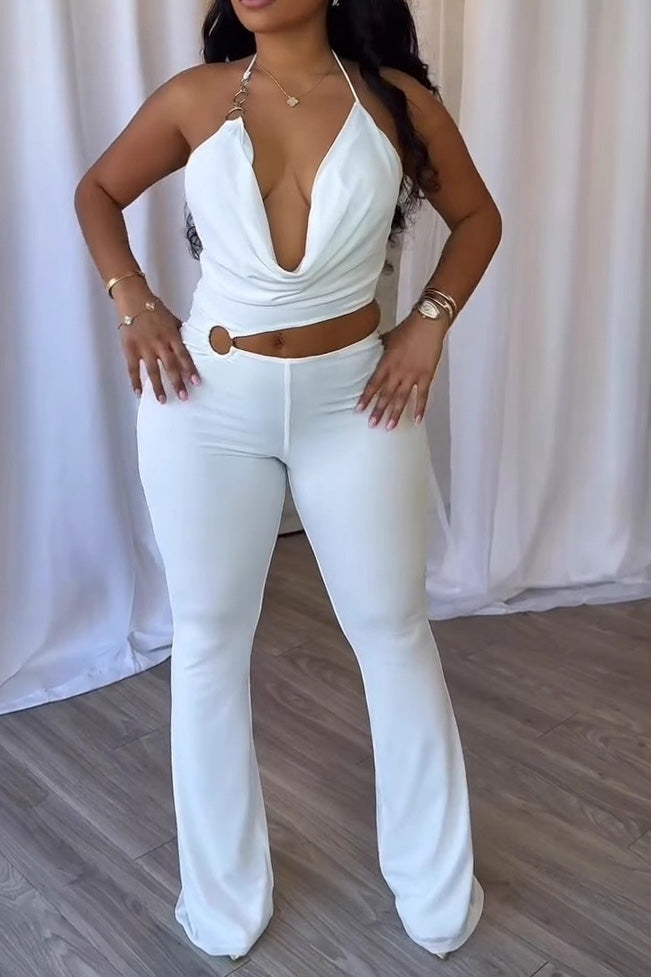 Elegant Ring Cutout Halter Tie Jumpsuit Lavish Daily