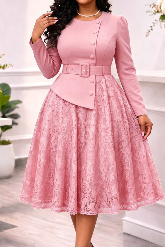 Belted Jacket Lace A Line Midi Dress Lavish Daily