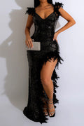 Feather Sequins Strap High Slit Dress Lavish Daily