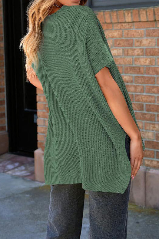 Short Sleeve Side Slit Oversized Sweater Lavish Daily