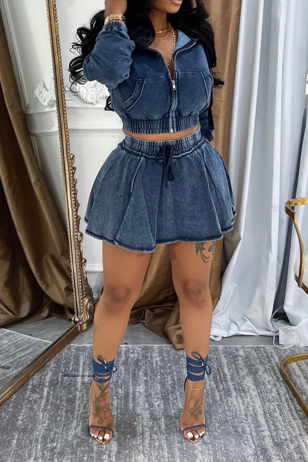 Hooded Denim Jacket & Skirt Set Lavish Daily