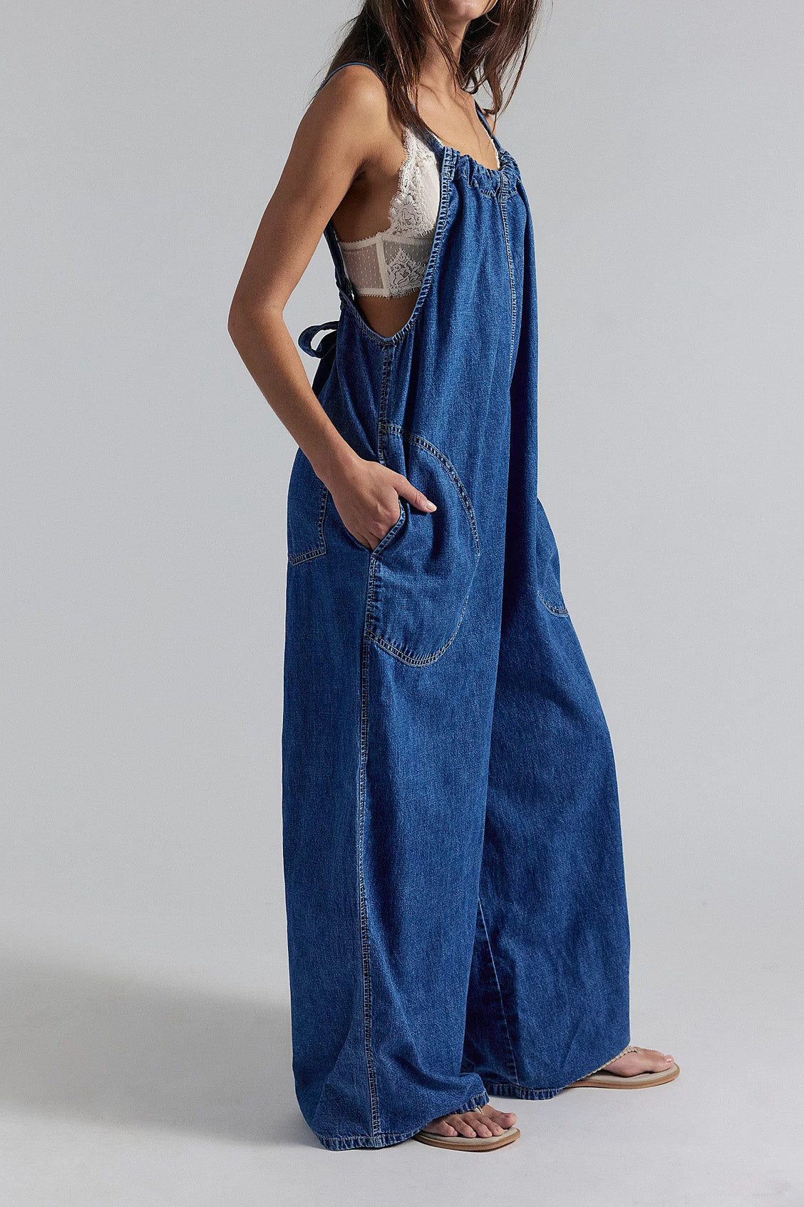 Slouchy Tie-Back Wide Leg Denim Jumpsuit Lavish Daily