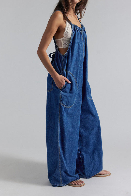 Slouchy Tie-Back Wide Leg Denim Jumpsuit Lavish Daily