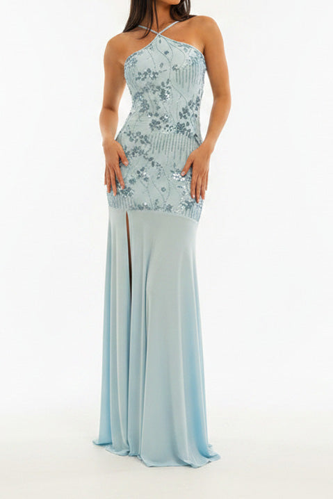 Sequin Floral Halter Mermaid Maxi Dress Lavish Daily