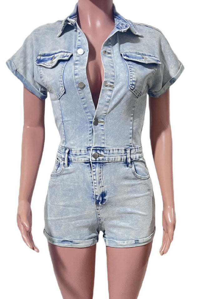 Short Sleeve Rigid Denim Romper Lavish Daily