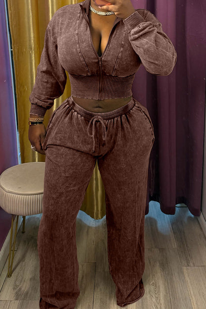 Washed Cropped Zip Jacket Wide Leg Pants Set Lavish Daily