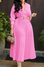 Solid Color Cinched Waist Pleated Long Dress Lavish Daily