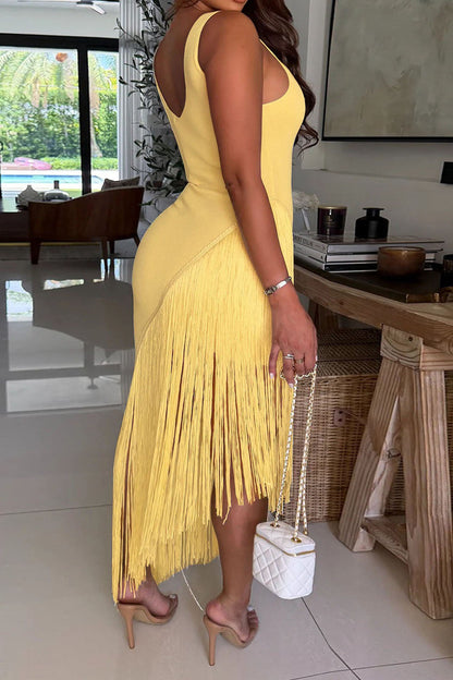 Sleeveless Asymmetrical Fringe Maxi Dress Lavish Daily