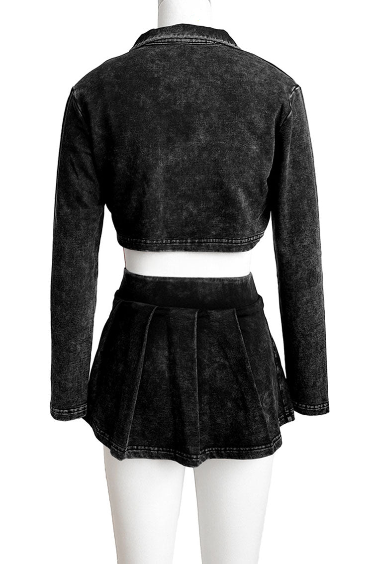 Three-Piece Acid Wash Set with Mini Pleated Skirt Lavish Daily