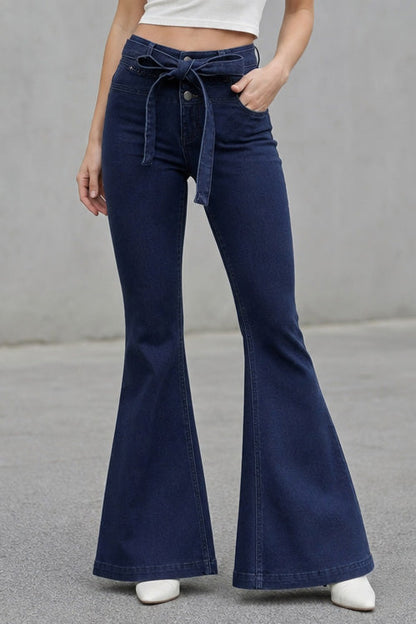 Medium Stretch High Rise Tie Belt Flare Jeans Lavish Daily