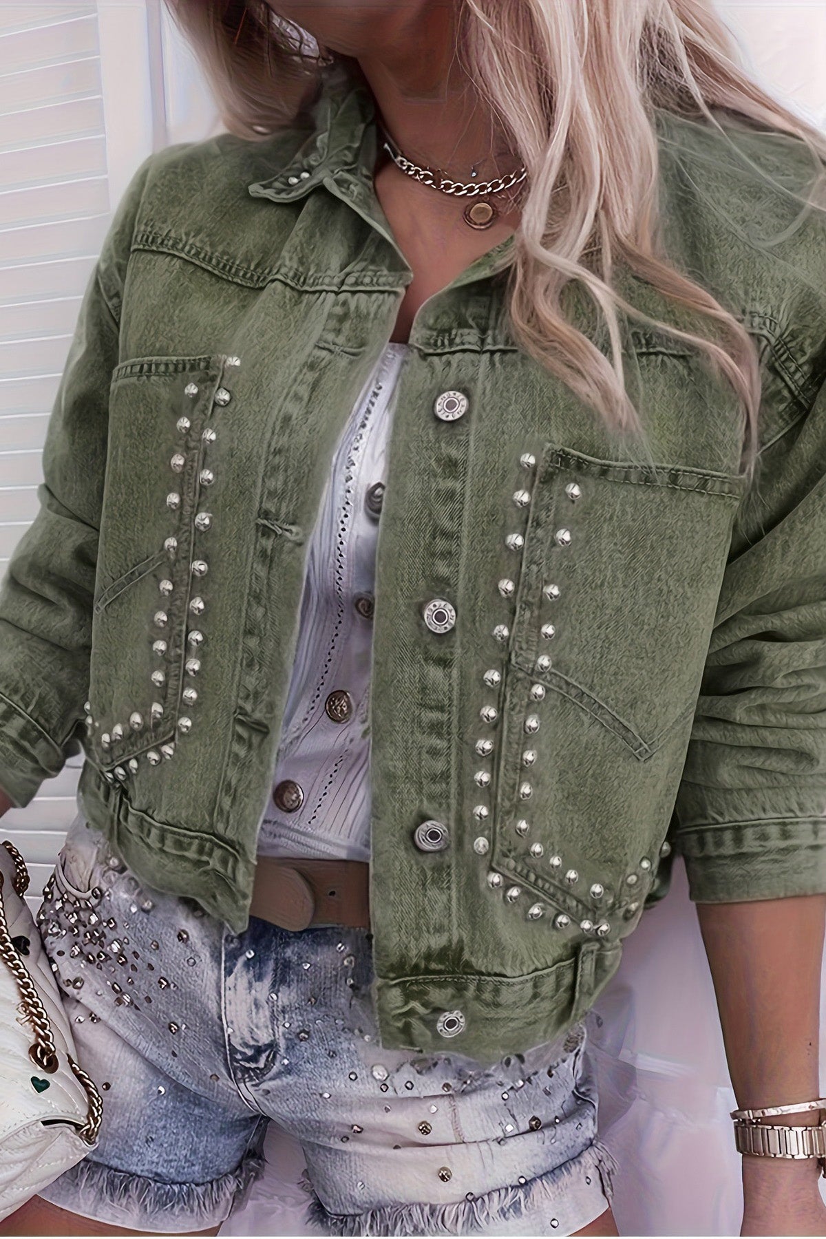 Rivet Studded Pocketed Denim Jacket Lavish Daily