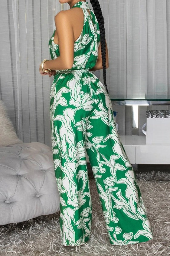 Floral Halter Tie Waist Wide Leg Jumpsuit Lavish Daily