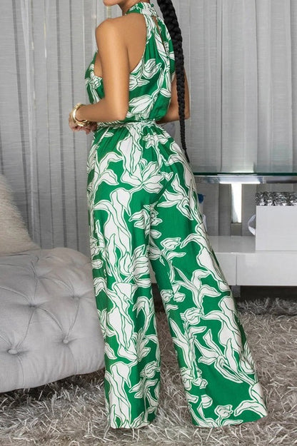 Floral Halter Tie Waist Wide Leg Jumpsuit Lavish Daily