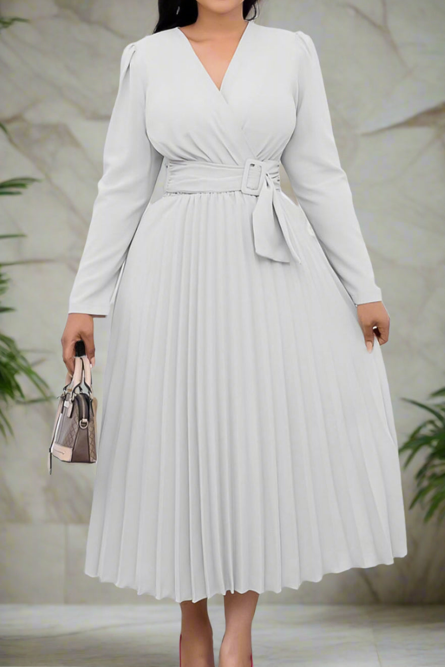 V Neck Long Sleeve Pleated Midi Dress Lavish Daily