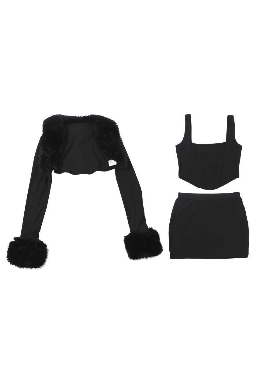 Crop Faux Fur Blouse & Corset 3 Piece Set LavishDaily