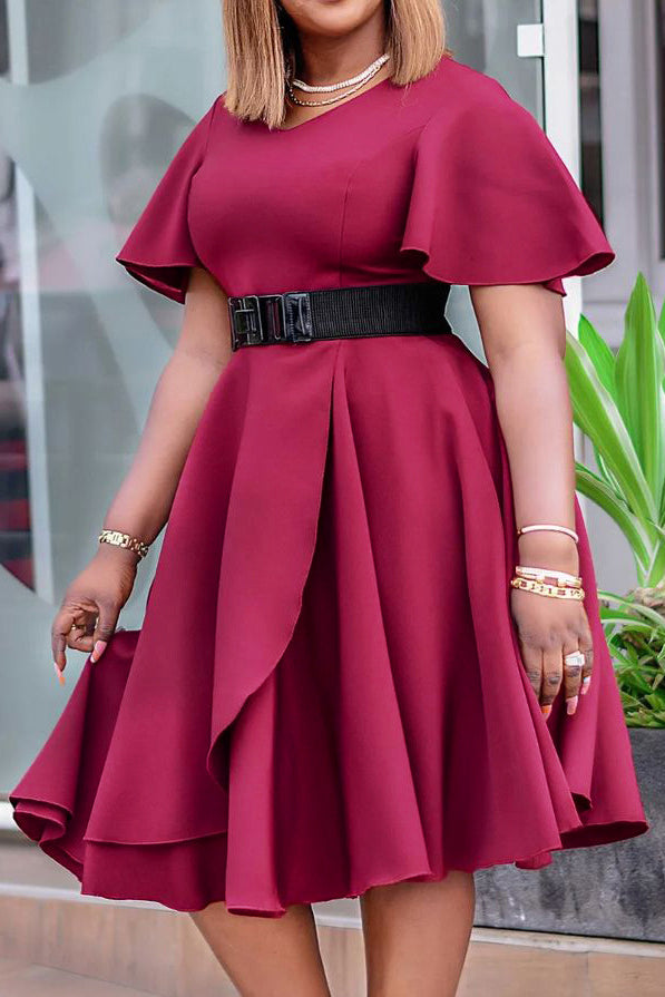 Bell Sleeve Solid Color Belt Dress Lavish Daily