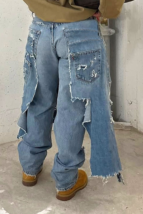 Double-Waistband Asymmetric Distressed Jeans Lavish Daily