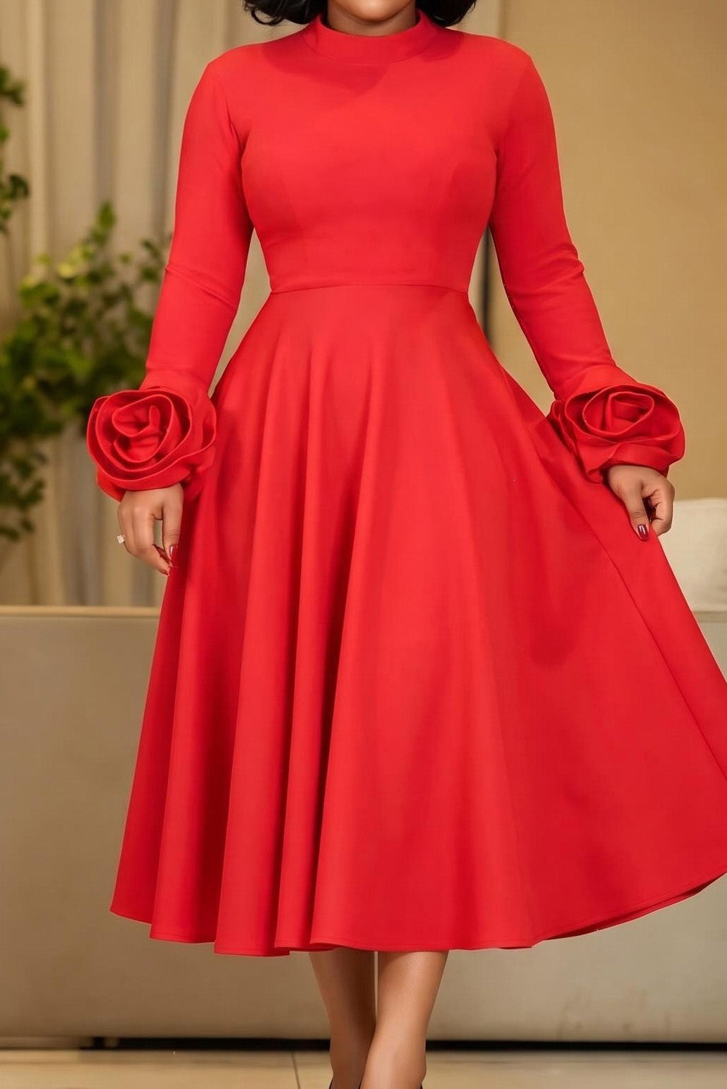 3D Rosette Cuff Flared Midi Dress Lavish Daily