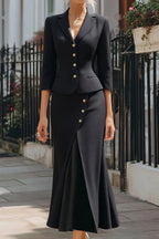 Solid Button Blazer and Slit Midi Skirt Set LavishDaily