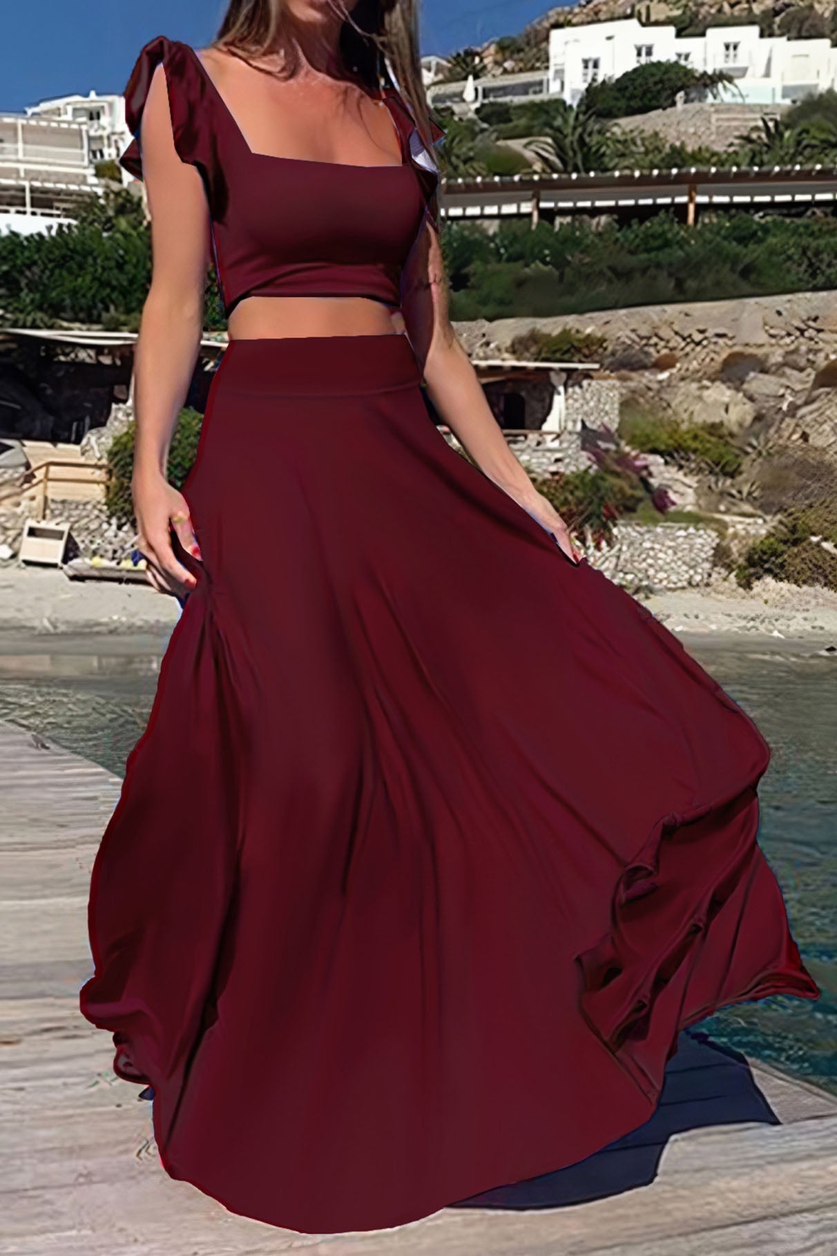 Elastic Solid Color Long Dress Two-Piece Set Lavish Daily