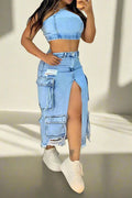 Slit Ripped Pocket Cargo Denim Skirt Lavish Daily