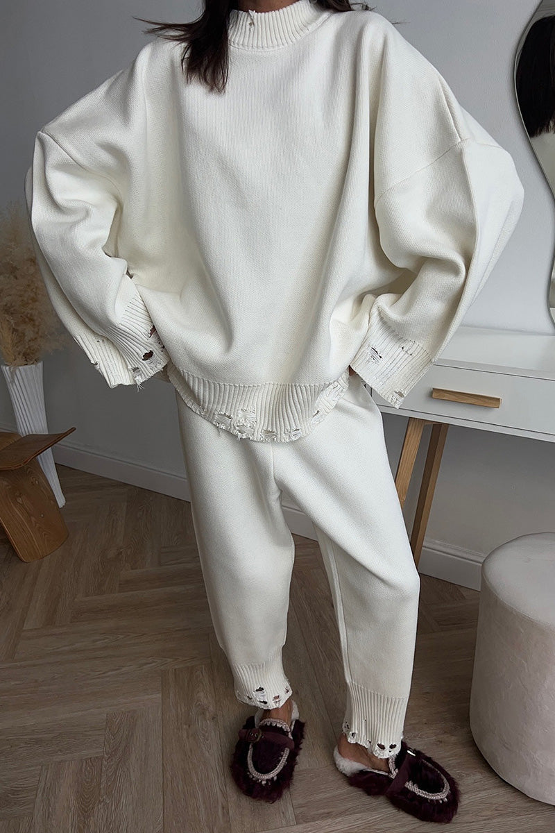 Distressed Knit Pants & Crew Neck Sweater Set Lavish Daily