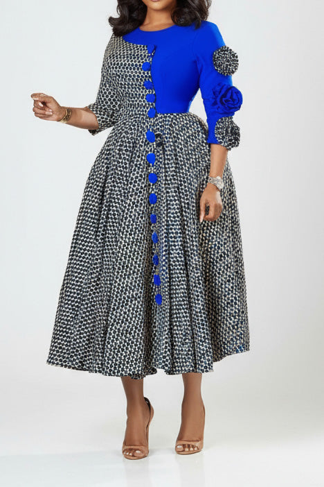 Elegant Round Neck Printed Patchwork Dress Lavish Daily