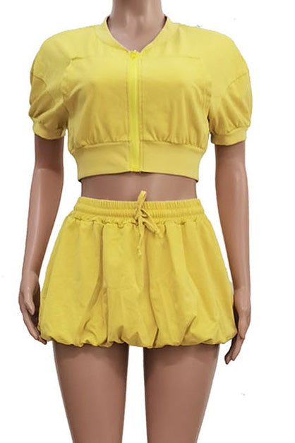 Zipper Crop Top and Lantern Skirt Set Lavish Daily