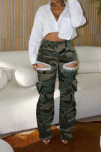 Rhinestone Embellished Denim Cargo Pants Lavish Daily