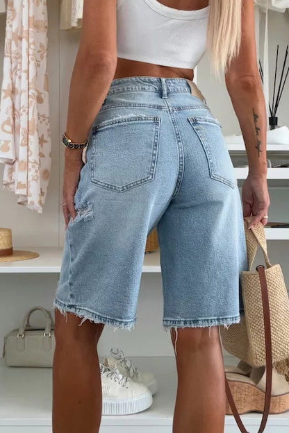 High-Waisted Raw Hem Denim Bermuda Shorts Lavish Daily