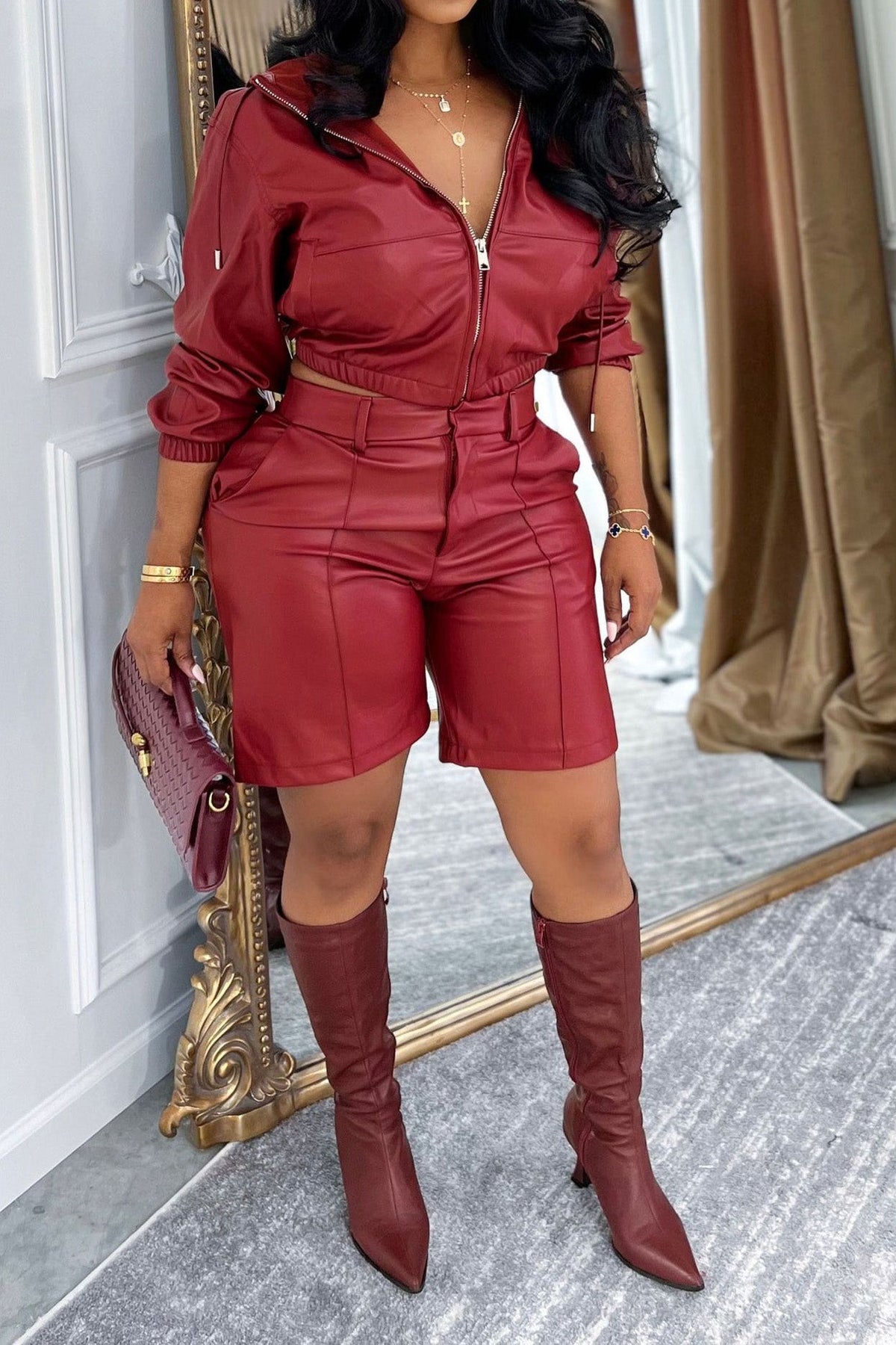 Faux Leather Hooded & Shorts Set Lavish Daily
