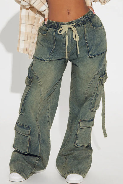 Drawstring Waist Washed Wide Leg Jeans Lavish Daily