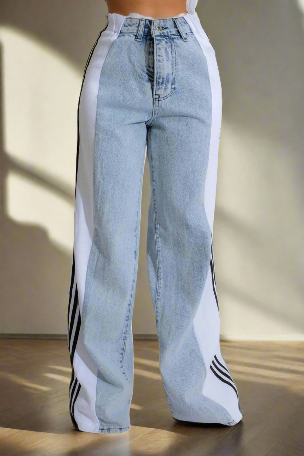 Wide Jeans with Wide Contrast Side Lines-Light Blue Lavish Daily