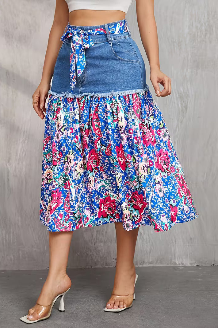 Frayed Denim Patchwork Boho Midi Skirt Lavish Daily