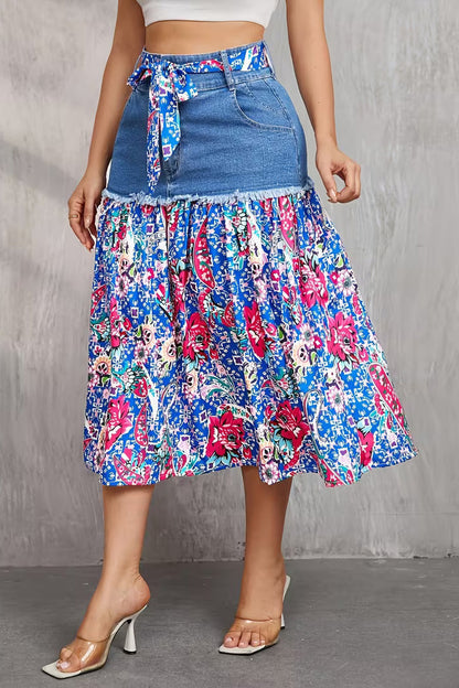 Frayed Denim Patchwork Boho Midi Skirt Lavish Daily