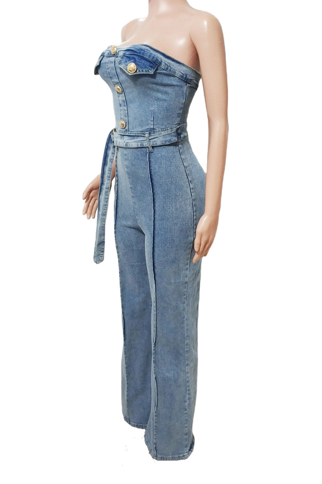 Strapless Slim Fit Washed Denim Jumpsuit Lavish Daily