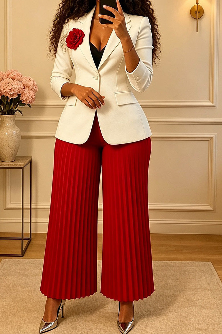 Floral Brooch Blazer Pleated Pants Set Lavish Daily