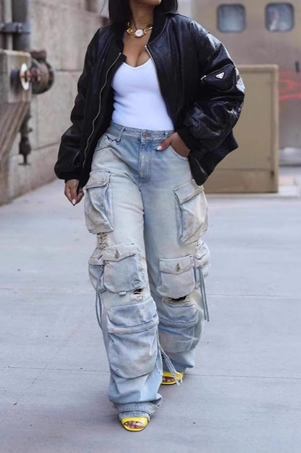 Distressed Cargo Jeans with Multi Pockets Lavish Daily