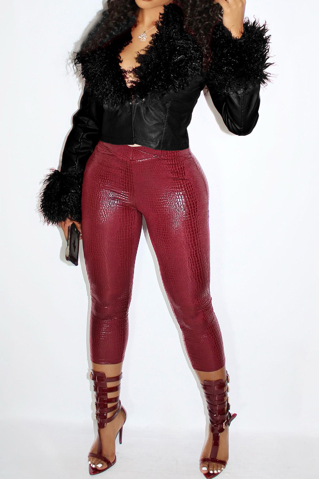 Detachable Fur Collar Cropped Faux Leather Jacket Lavish Daily