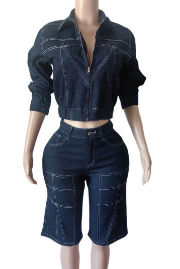 Contrast Stitch Denim Short Set Lavish Daily