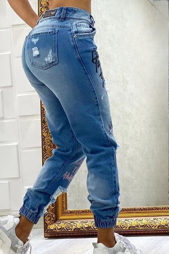 Letter Print Ripped Jeans Lavish Daily