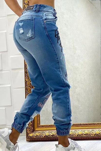 Letter Print Ripped Jeans Lavish Daily